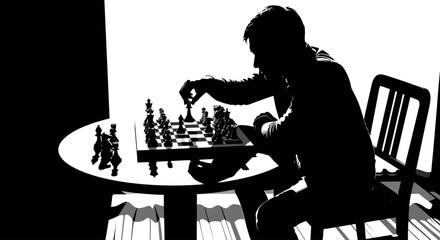Silhouette of a man playing chess on a round table. © S.Stock