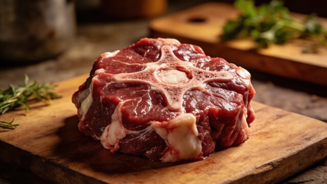 Raw oxtail portion, close up. Fresh meat post processing. Top down view