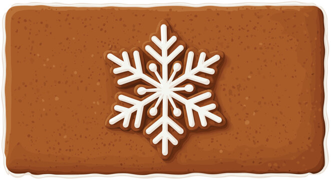 Close up of a rectangular gingerbread cookie featuring a detailed white icing snowflake design placed in the center on a brown background.