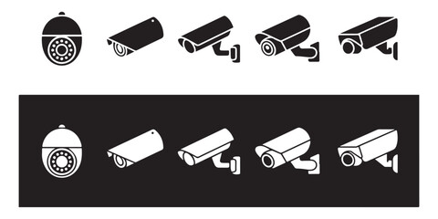 Set of modern security cameras various types security equipment technology icons isolated on black and white background © Md