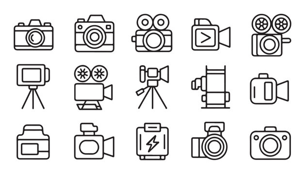 Assorted photography and videography equipment camera icons tripod lights zoom lens and action cam set isolated