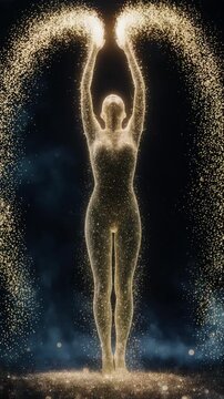 A glowing human figure with arms outstretched, made of tiny particles