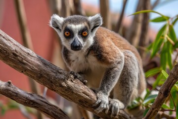 This captivating close-up captures a fascinating primate, distinctively marked with black and white facial fur and piercing amber eyes, as it confidently perches on a weathered tree branch. The animal