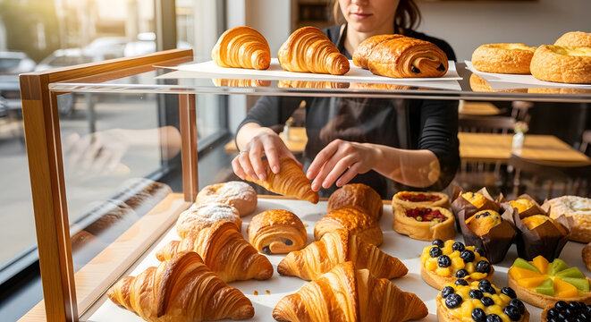 A woman organizes various baked goods including croissants and fruit tarts on a bakery shelf