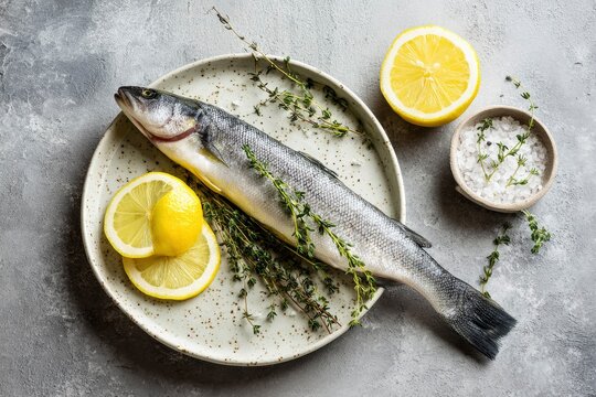 A pristine, whole raw fish, elegantly presented on a rustic speckled plate, awaits culinary preparation. It is thoughtfully garnished with vibrant yellow lemon slices and fragrant sprigs of fresh thym