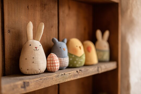 Charming handstitched easter decorations showcased on rustic shelf cozy home environment festive art display