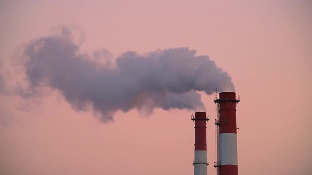 Three red white smokestacks send heavy smoke plume into soft pink dawn sky, highlighting