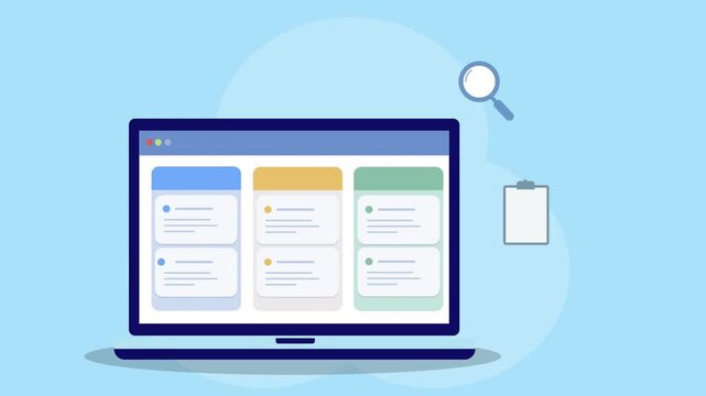 Flat animated illustration of a laptop displaying a task management dashboard with floating clipboard and magnifier icons, representing workflow organization, project tracking, and digital productivit