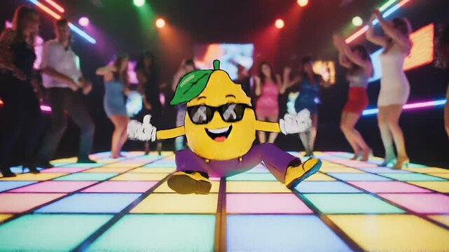 A cheerful lemon cartoon character dancing on a colorful dance floor with people in the background at a vibrant party.