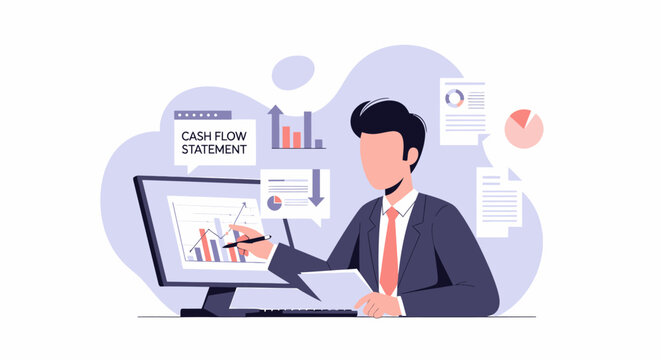 Businessman Analyzing Cash Flow Statement on Computer Screen with Financial Data.