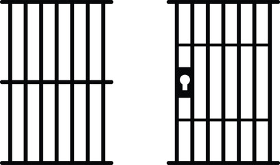 Jail bars with locked and unlocked gate on transparent background