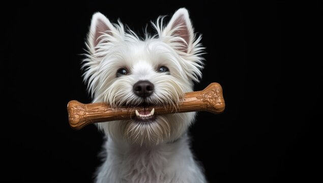 West Highland White Terrier and a chew toy, dark backdrop
