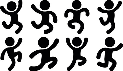 happy dancing stick figure icons celebration activity set, joyful people action silhouettes, active human stick figure movement vector collection, playful stickman character jumping running pose icon 