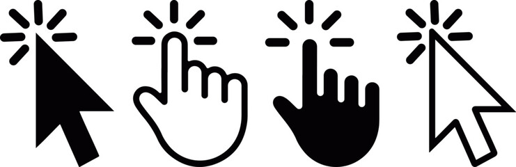 mouse cursor click icon set pointer hand clicking symbols, computer cursor click pointer hand icon collection, clicking pointer cursor icons digital interface set