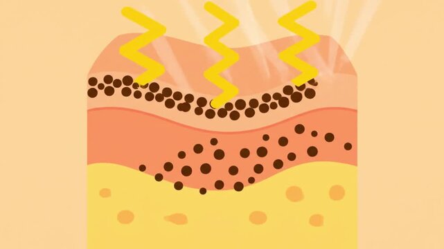A flat 2D animation showing a cross-section of human skin layers. The video illustrates how UV rays (yellow lightning icons) trigger the production of melanin (dark spots) and how a protective shield 