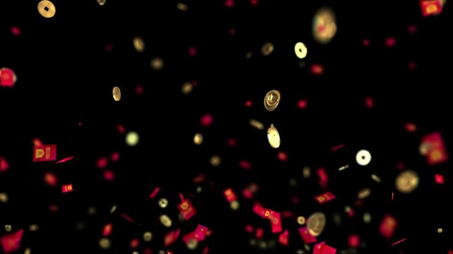 Vibrant red envelopes and shimmering golden coins raining down, celebrating prosperity and good fortune animation.