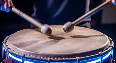 Obraz premium Close Up of Drum Sticks Hitting Percussion Drum with Blue LED Lights