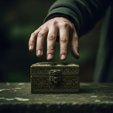 Whimsical hand reaches for mysterious small box with surreal silliness and wonder