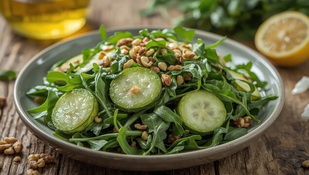 Salad of steamed zucchini and arugula, dressed with olive oil and nuts; healthy, diet-friendly dish, with selective focus