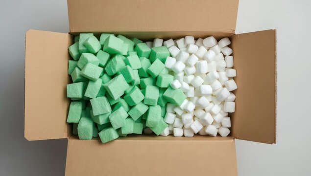 Packing material consisting of green foam and white styrofoam chips in a cardboard box