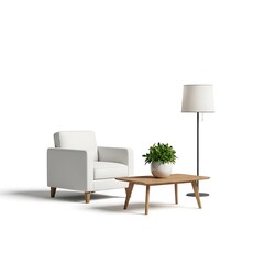 Fototapeta premium Modern living room with gray sofa, wooden coffee table, and tall floor lamp