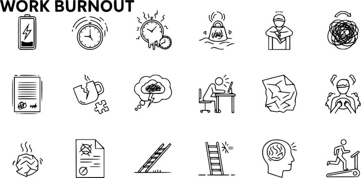 Work Burnout Line Icons Set: Stress, Fatigue, Overwork, and Exhaustion Symbols