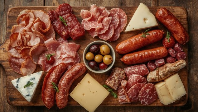 Spanish tapas platter featuring cured meats, cheese, and spicy olives on a wooden board