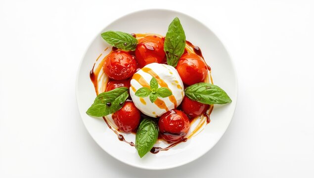 Caprese salad with burrata cheese, tomato, basil and balsamic vinegar arranged on white plate, on white background top view