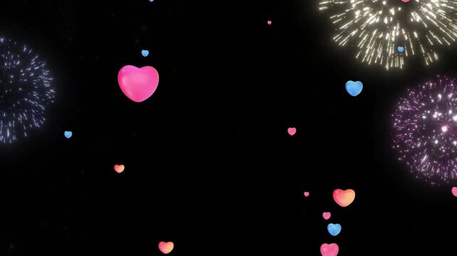 Colorful fireworks exploding across the dark night sky with numerous floating hearts symbolizing joy and romance video.