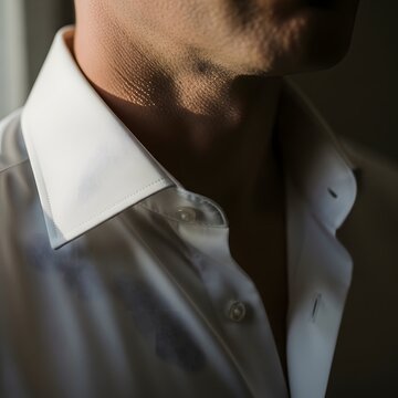 Surreal silliness unfolds in mysterious close up portrait of a man in a crisp white collared shirt with subtle hues of gray and black