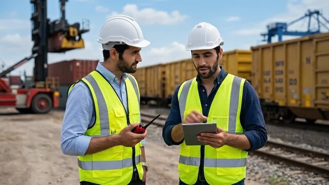 Industrial engineers in safety gear reviewing shipping logistics on a tablet at a busy cargo terminal.