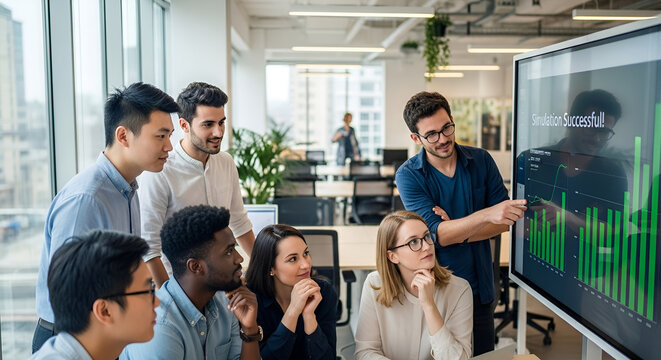 Diverse business team collaborates on data analysis and project success in a modern office environment