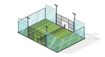 Fototapeta premium Detailed isometric flat vector illustration of a modern padel tennis court, featuring glass walls and a net, ideal for sports graphics and athletic recreation concepts