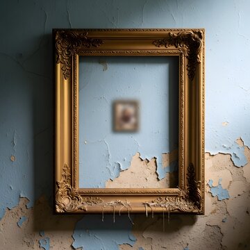 Surreal silliness unfolds a mysterious empty gold frame on a distressed wall with a tiny hidden picture