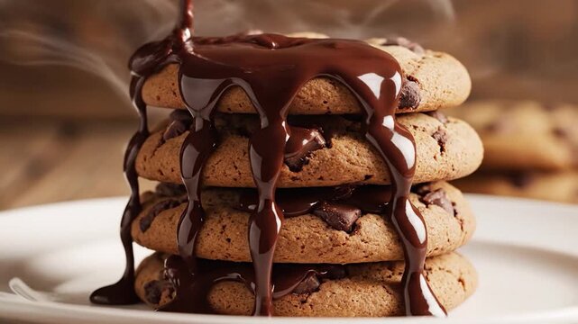 Chocolate sauce pours over a stack of freshly baked chocolate chip cookies.
