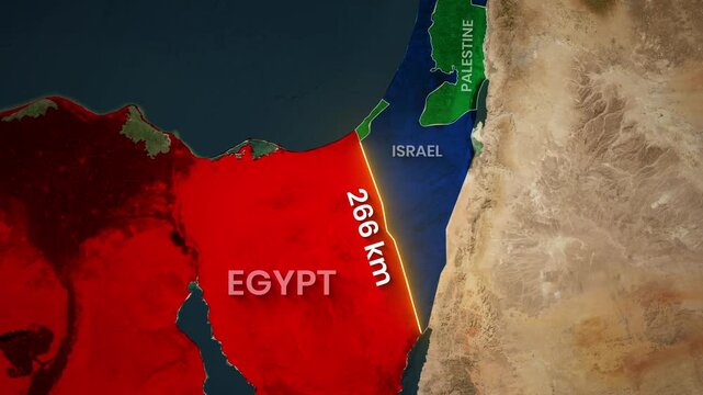 Satellite map animation showing the border distance between Egypt, Israel, and the Palestinian territories