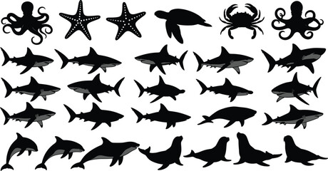 Silhouette sea animals including sharks, dolphins, whale, turtle, crab, octopus, starfish, and seals, marine life vector illustration collection for ocean design projects