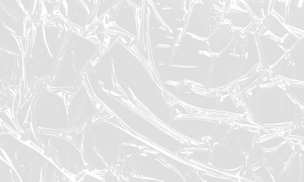 Transparent plastic wrap texture overlay effect.  Crumpled wrinkled polyethylene film on white background.  Realistic stretch cellophane mockup, abstract PNG