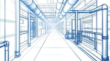 Detailed Blueprint of Industrial Corridor with Pipes and Structures