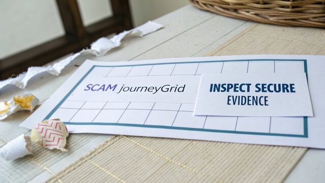 Paper documents depicting scam prevention measures with emphasis on 'inspect secure evidence' and journey grid strategy implementation
