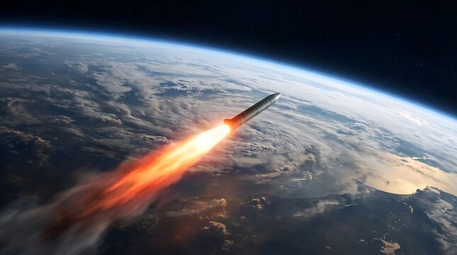 Spacecraft launching into orbit above Earth's atmosphere with fiery propulsion