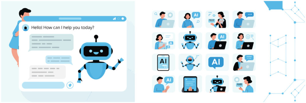 Chatbot interface with AI robot and user interaction, plus AI concept icons.