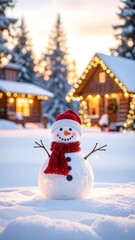 Obraz premium A snowman in a snowy landscape with a house