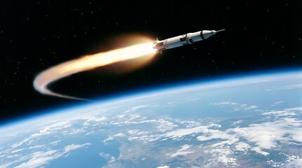 Fototapeta premium Space rocket launching into orbit around Earth with vibrant flame