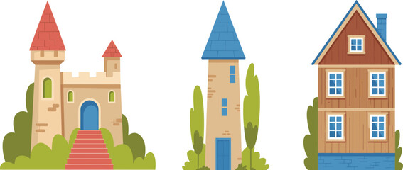 Medieval fairytale castle, magic tower and wooden village house vector illustration © MdMajnur