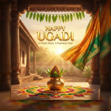 Happy Ugadi festival celebration with colorful rangoli design, golden pot, and traditional decorations for social media post banner design