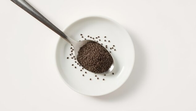 Top view of chia seed on spoon and dish isolated on white background. Chia Seed is a small grain. will swell when soaked in water. many nutrients Contains omega-3, protein, fiber and vitamin