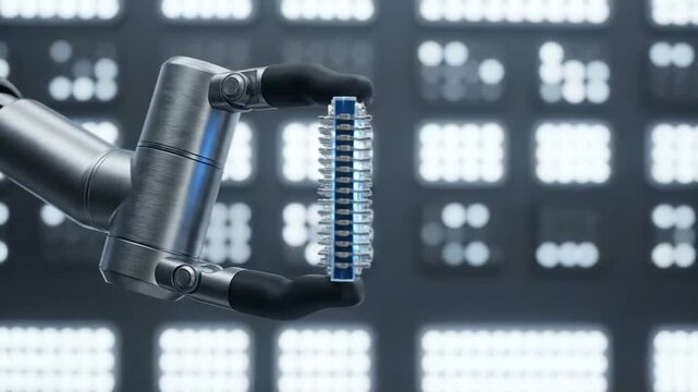 Robotic arm holding a high-tech microchip, symbolizing AI, future computing, and precision manufacturing in a digital environment.