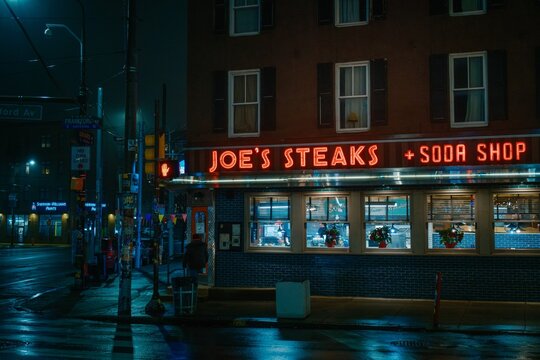 Joes Steaks + Soda Shop vintage neon sign at night, Philadelphia, Pennsylvania