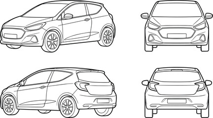 Obraz premium Compact Hatchback Car Line Drawing Set with Front, Rear and Side Views Outline Vector Illustration Isolated on White Background for Automotive Design
